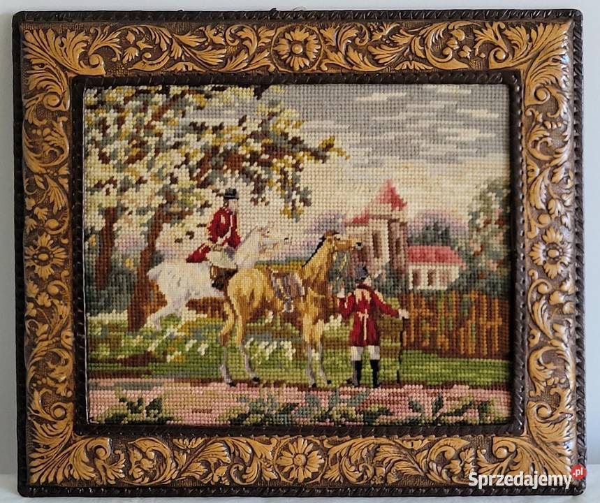 Stary obraz haftowany pejzaż z jeźdźcami w ramie Kraków
