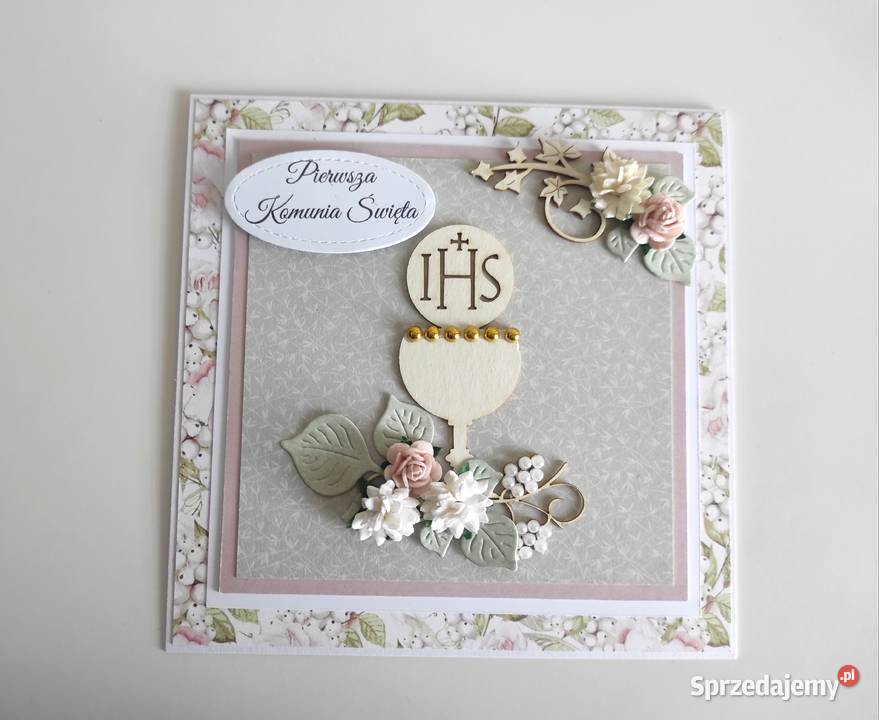 Kartka ręcznie robiona Komunia Święta pistacjowa Łódź
