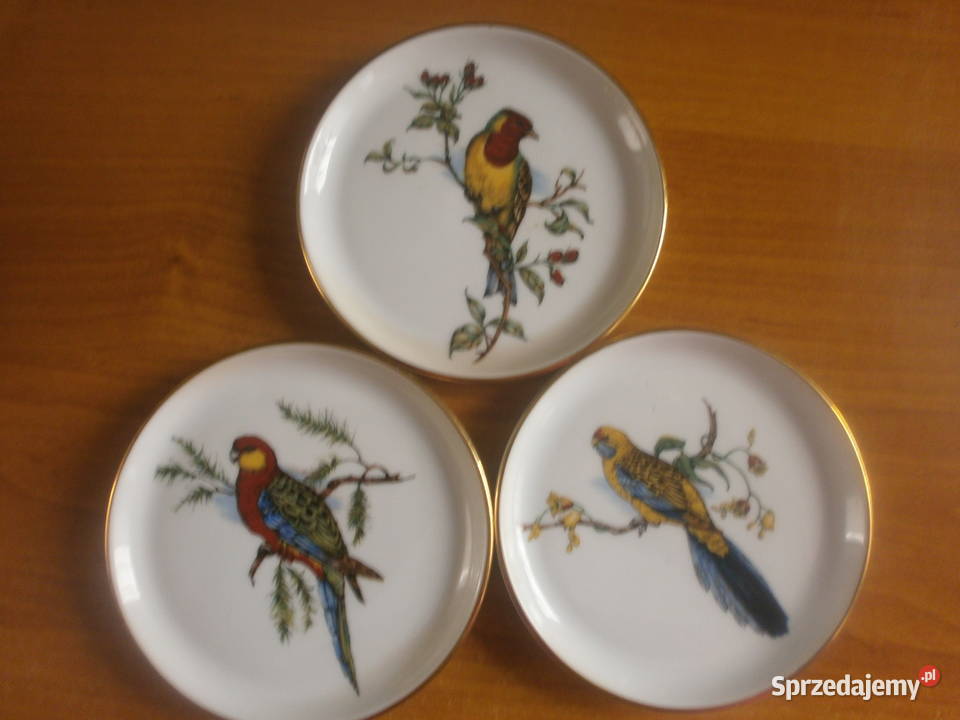 piękne porcelanowe talerzyki z papugami