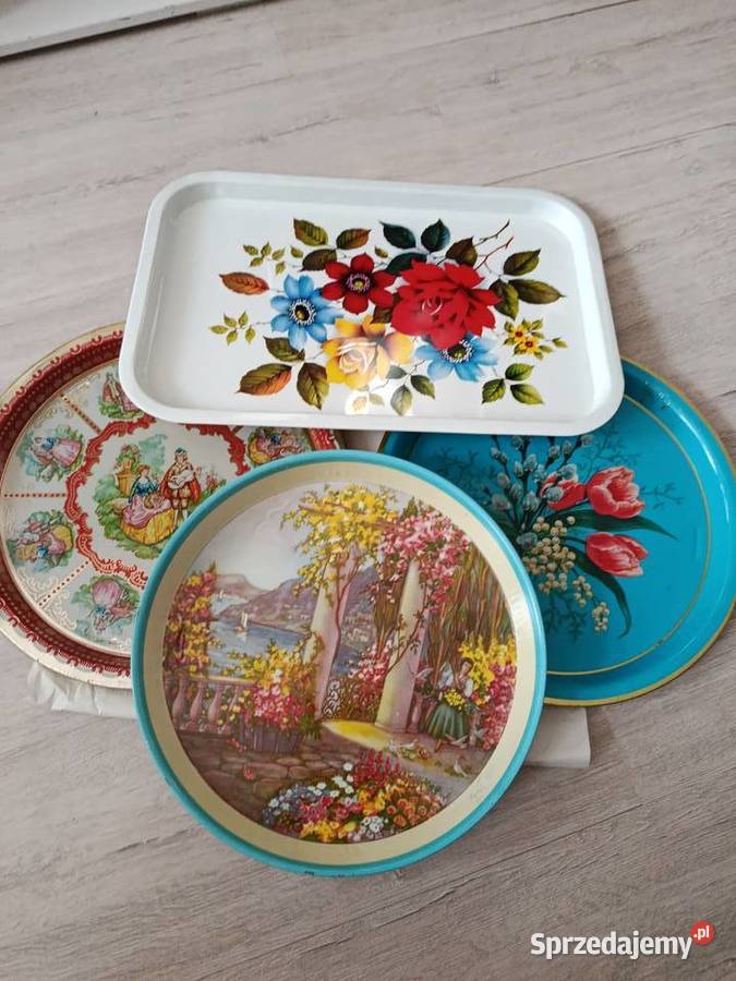 Cztery blaszki tace malowane z PRL zestaw Pozostałe sprzedam
