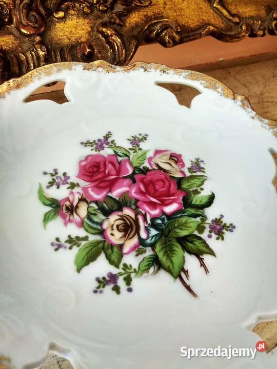 Patera na nodze z różami Piękna złocona Porcelana i szkło Gdańsk