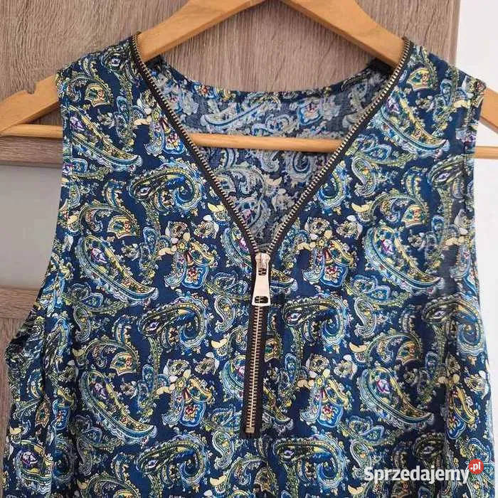 Granatowa wzorzysta bluzka na ramiączkach z żółty/złoty małopolskie Kraków
