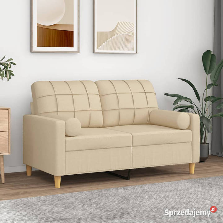 2osobowa sofa z poduszkami kremowa 120 tkanina