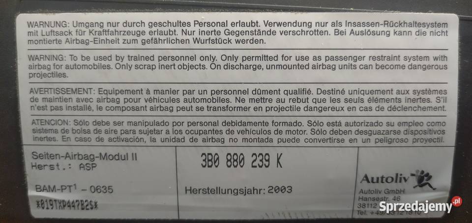 Poduszka Airbag boczna fotela VW AUDI SEAT SKODA Wałbrzych