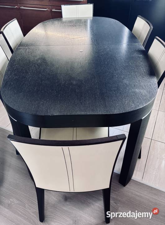 Stół fornirowany 6 krzeseł skórzanych Natuzzi Meble Wrocław