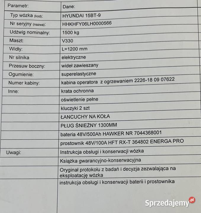 Wózek widłowy Hyundai 15BT9 1500 Lubań