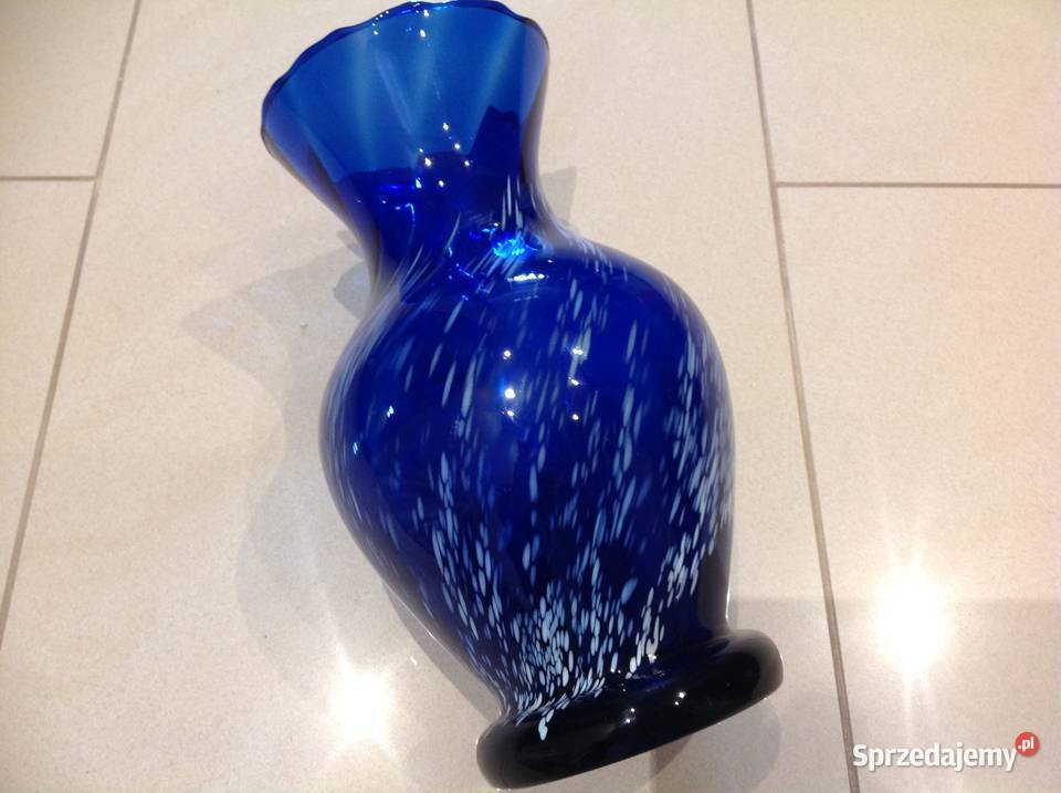 Stary Wazon Szklany Kobaltowy Murano z Białym Nowa Sól