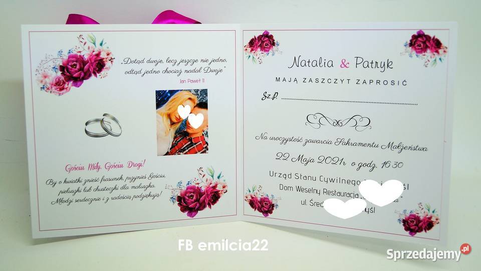 Zaproszenia w kolorze różowym koperta Ślub Zielona Góra