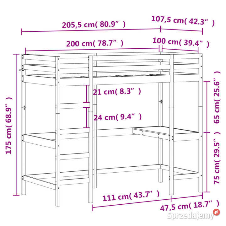Łóżko na antresoli z biurkiem lite drewno 175cm sprzedam