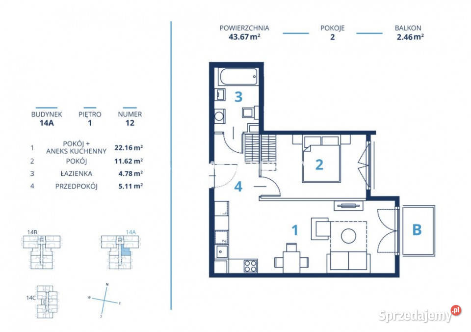 Mieszkanie 4367m2 2 pok Kraków Bunscha