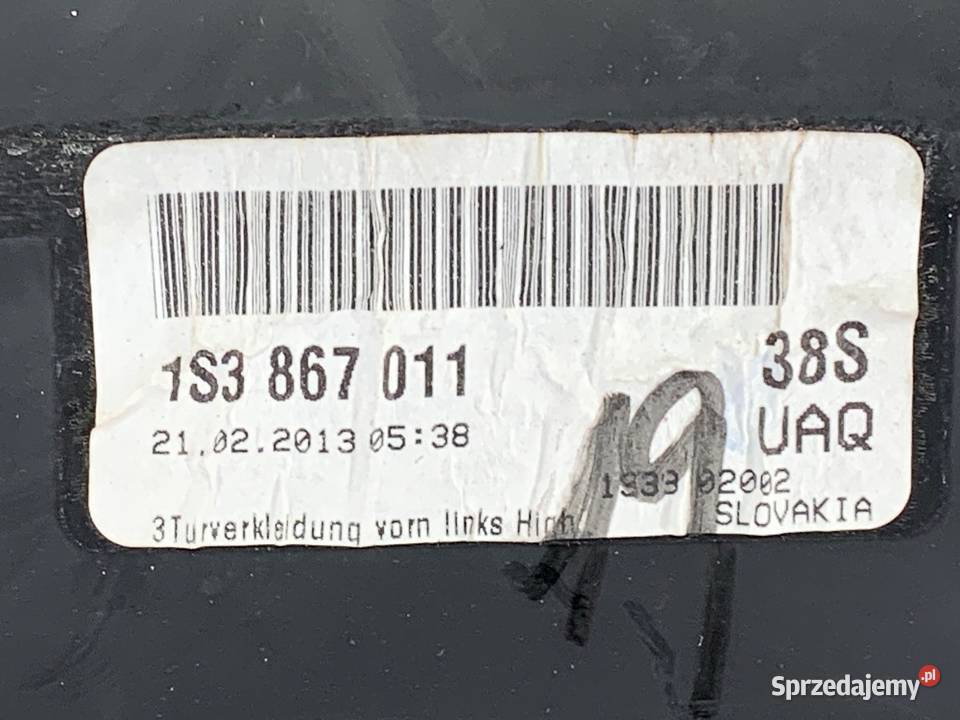 BOCZEK DRZWI LEWY PRZÓD VW UP 1S3867011