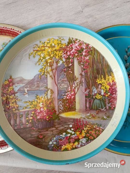 Cztery blaszki tace malowane z PRL zestaw Choszczno