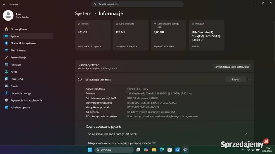 Asus VivoBook 15 i31115G4 8512GB SSD 500 Święta Katarzyna