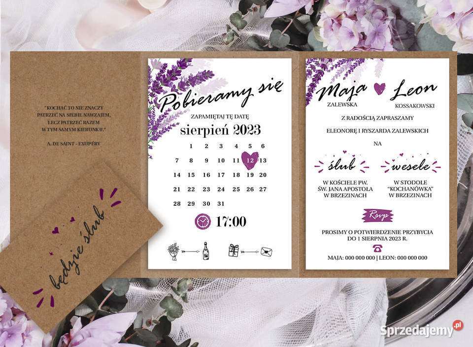 Folderowe zaproszenia ślubne z wrzosem Usługi mazowieckie Siedlce