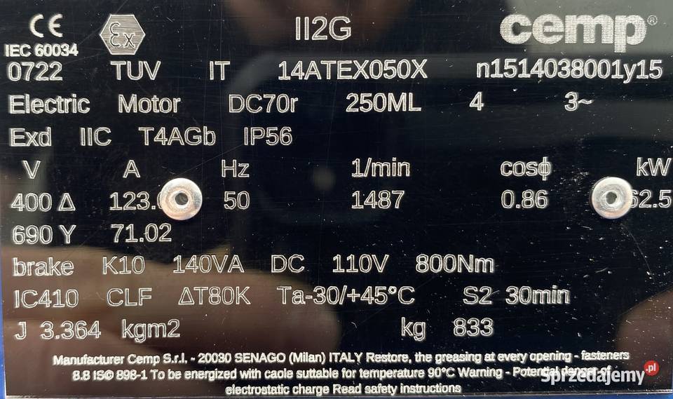 silnik elektryczny 625kW 1487obr Ex HAMULEC Elektryczne Pigża
