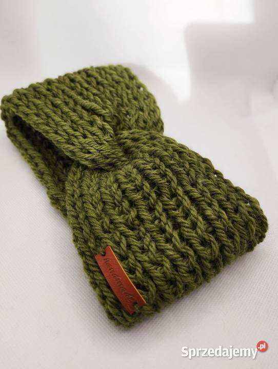 Oliwkowa opaska na głowę turban 100 wełna Olsztyn