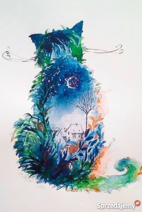 Urocza akwarela KOTEK artystki plastyka Adriany śląskie Katowice