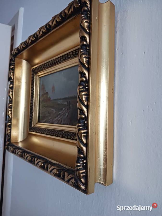 Obraz olejny pejzaż wiejski piękna złocona rama