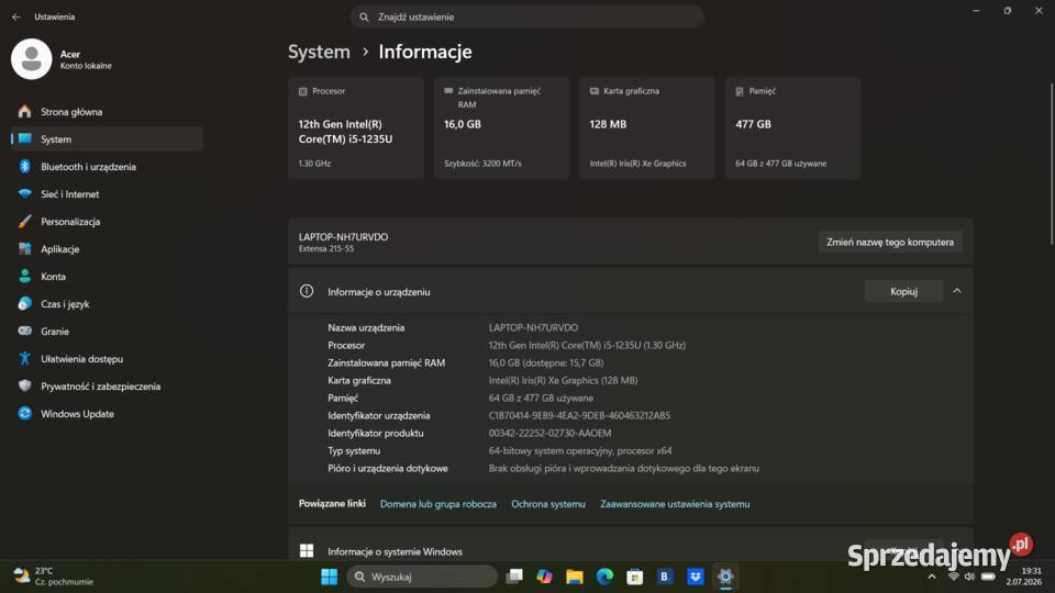 Laptop Acer Extensa 15 i51235U 16GB RAM 512GB Święta Katarzyna