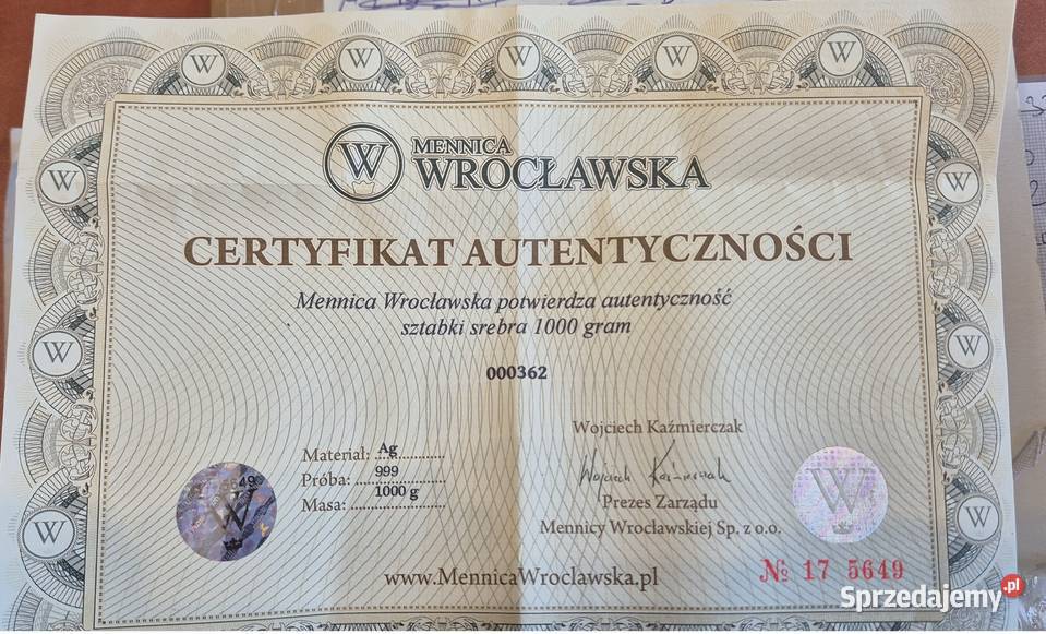 Sztabka srebra 1000 g 999 1 Tychy