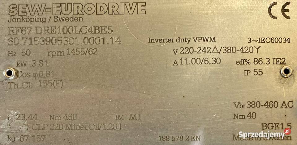 motoreduktor przekładnia 3kW 62obr HAMULEC SEW Pozostałe sprzedam