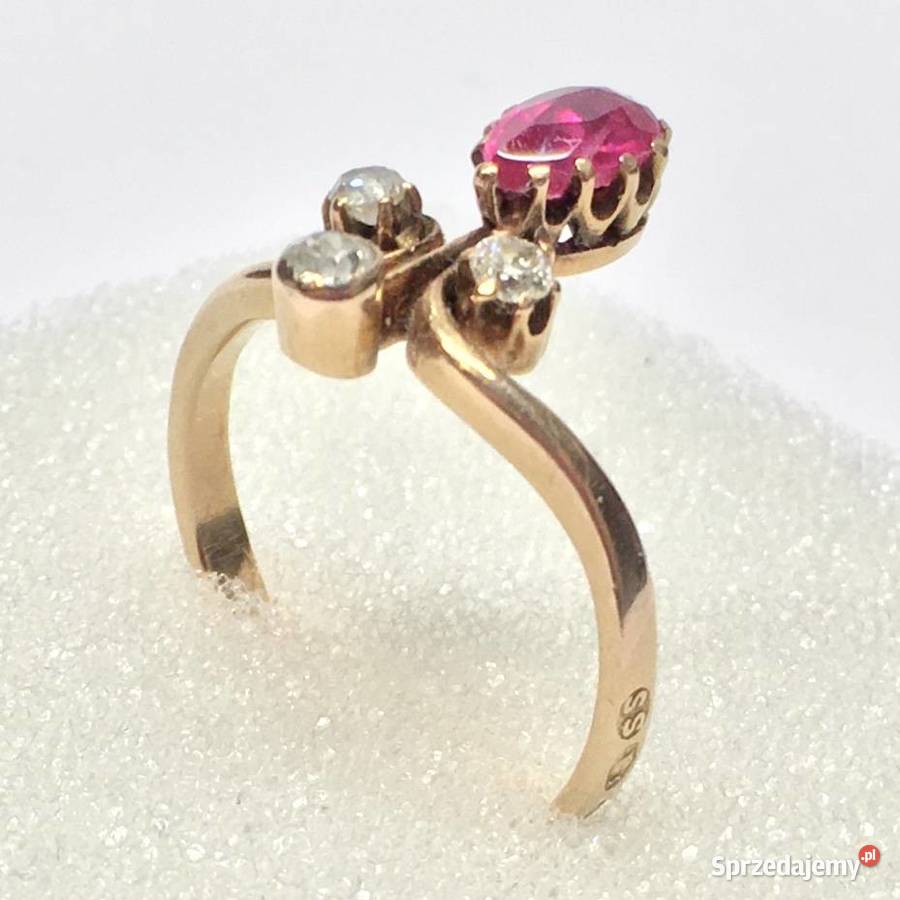 Złoty PIERŚCIONEK 585 14K Art Dco RUBIN i złoto Pierścionki Warszawa
