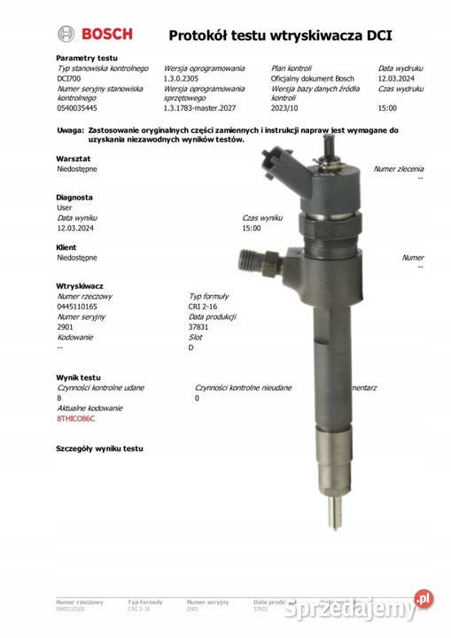 WTRYSKIWACZE KOMPLET 4 BOSCH 0445110165 Opela Miszewo