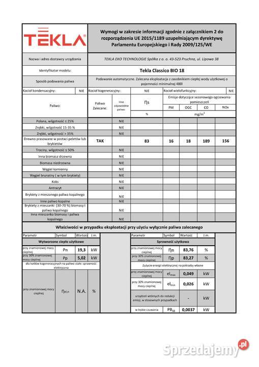 KOCIOŁ STALOWY TEKLA CLASSICO BIO 18 kW pellet Golub-Dobrzyń