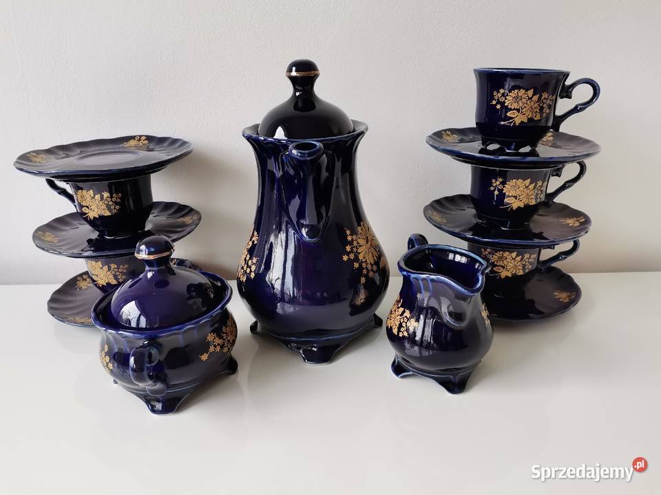 Stary niebieski kobaltowy serwis kawowy porcelit