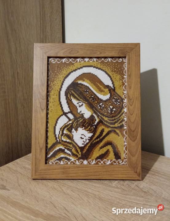 Haft krzyżykowy obraz Maryja z dzieciątkiem odcienie brązowego Olsztyn sprzedam