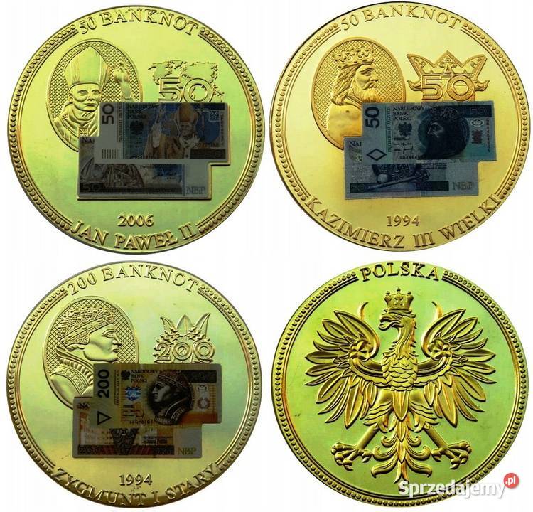 3 x Medal Banknot Jan Paweł Kazimierz Zygmunt 2 50 200 20 zł