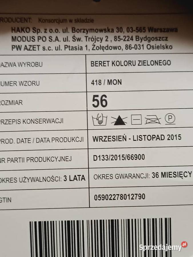 Nieużywany Beret Wojskowy 418MON 56 Antyki, Sztuka, Kolekcje Rzeszów