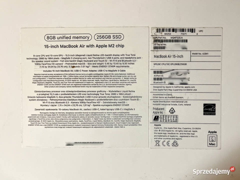 APPLE MacBook AIR A2941 SPACE GRAY 2023 M2 SSD Warszawa sprzedam