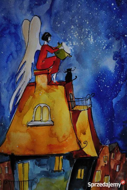 Akwarela Anioł gotuje artystki Adriany Laube Rękodzieło Katowice sprzedam