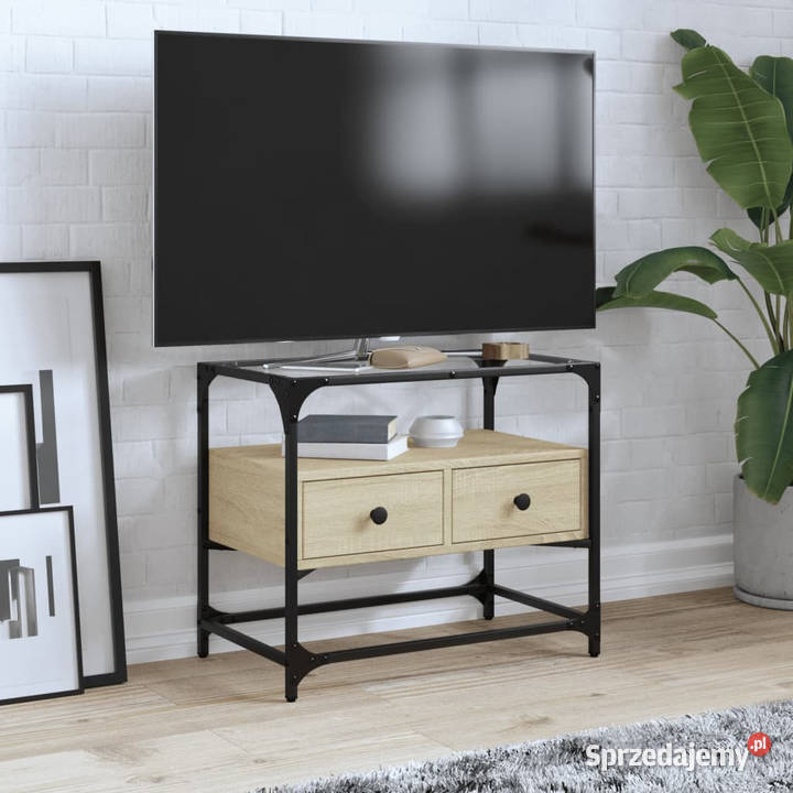 Szafka pod TV ze szklanym blatem dąb sonoma