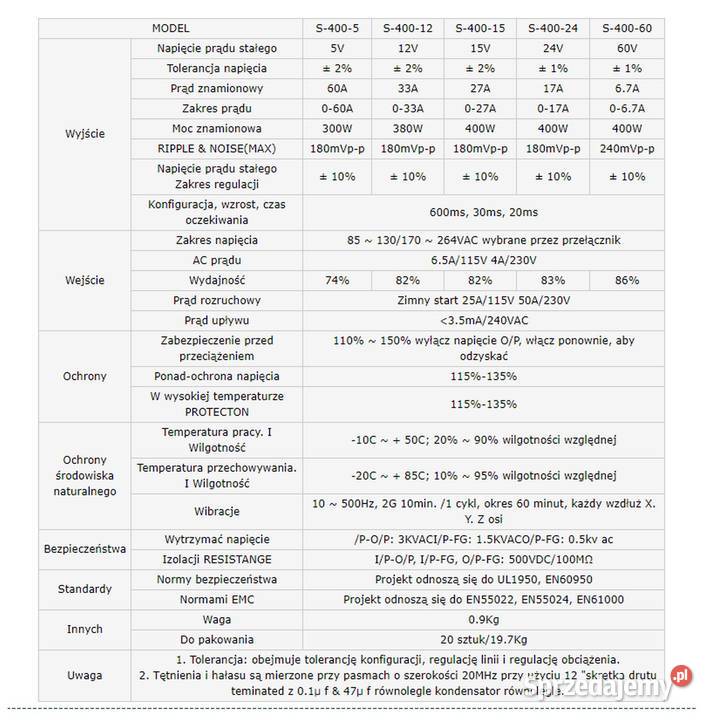 Zasilacz impulsowy 400W AC 110230V na 60V Poznań