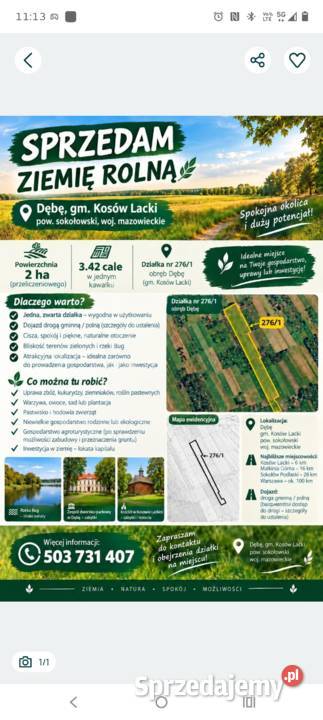 Sprzedam ziemie 342 ha mazowieckie Dębe