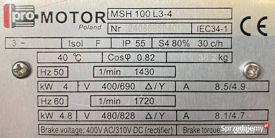 silnik elektryczny 4kW 1420obr 3fazowy HAMULEC Pigża