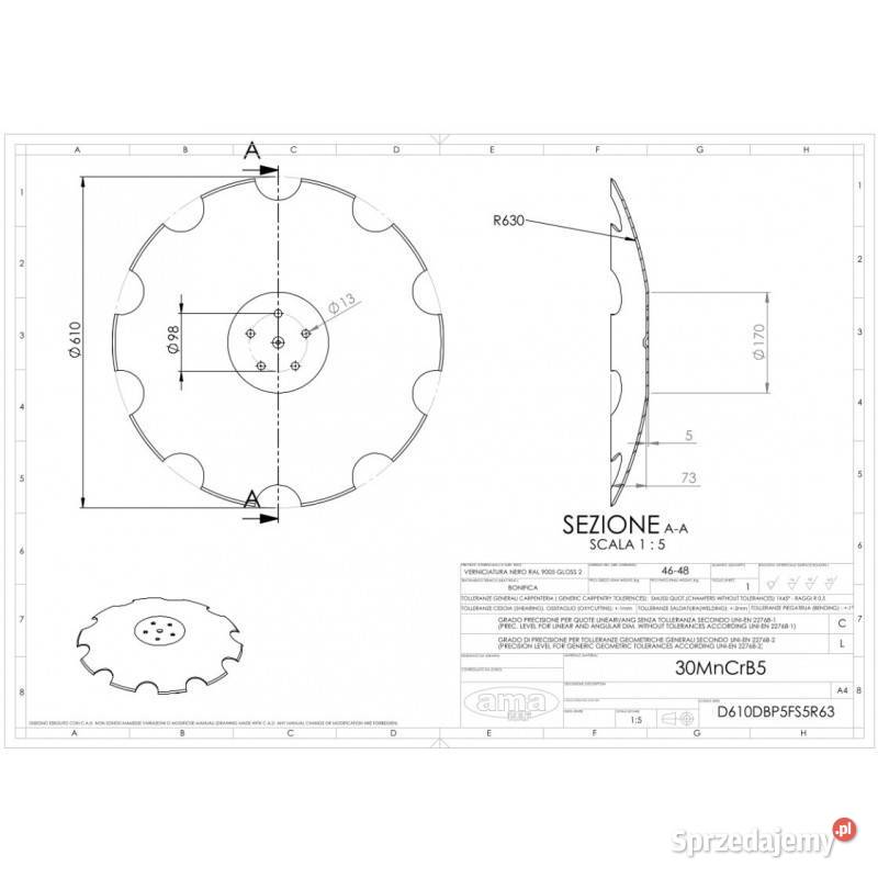 Talerz 610 pod piastę 5otworową grubość 5 mm Kamionna