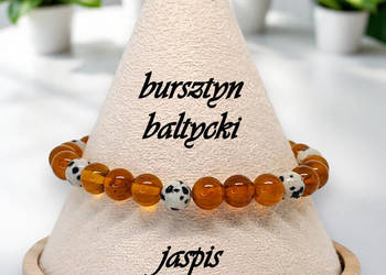 Bransoletka z bursztynu, BURSZTYN bałtycki, JASPIS dalmatyński, kulka #832