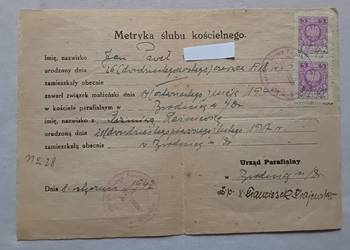 Metryka ślubu kościelnego, Katolicki Urząd Parafialny w Brodnicy, 1947 r.