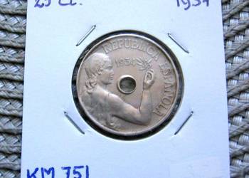 Hiszpania 25 Centawos 1934r - Ładna