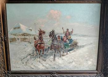 Stary obraz olejny Zimowa sanna