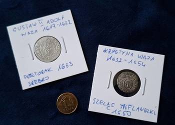 2 x monety władców szwedzkich z dynastii Wazów: Gustaw II Adolf i Krystyna