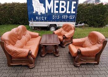 Komplet Wypoczynkowy KLER 3 ,1 ,1 i Ława , Dąb - skóra Brąz