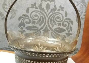 Secesyjna, szklana patera w cynowym koszyku