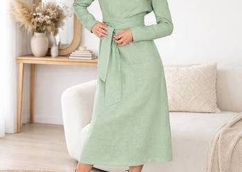 Elegancka lniana sukienka midi z paskiem – 100% len