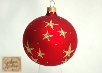 Bombka szklana czerwona satynowa matowa złote gwiazdki brokat