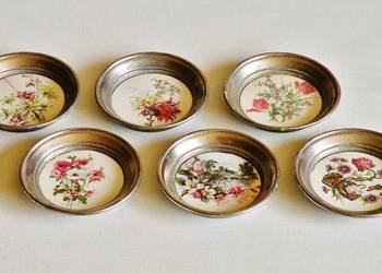 6 spodków porcelano-metalowych pod szklanki , prawdop. przedwojennych