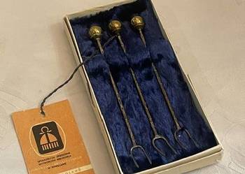 Elegancki komplet 3 widelczyków do zakąsek w pudełku – Cepelia, vintage